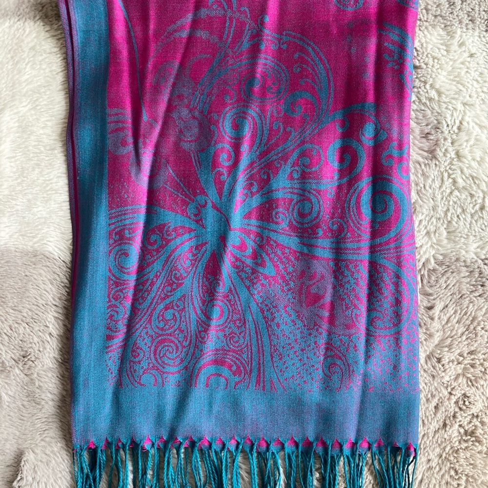 Gorgeous Teal and Fuchsia Scarf with Fringe